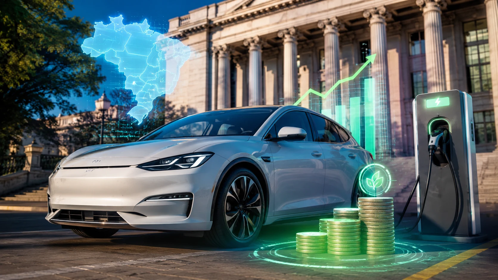Carro elétrico moderno em estação de carregamento com visualização digital de economia, impostos e benefícios fiscais no Brasil.