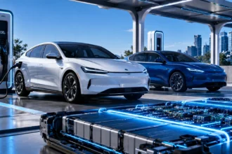 Carros Elétricos Como Funciona: Guia Completo Para Entender a Tecnologia em 2026 Carros elétricos modernos carregando em estação futurista com bateria de alta tecnologia