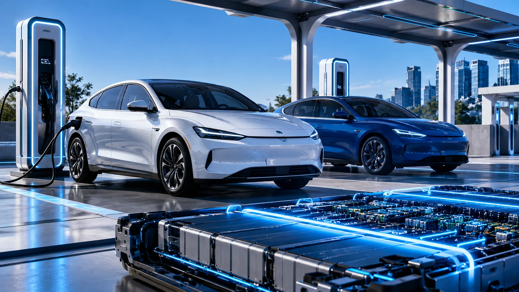 Carros Elétricos Como Funciona: Guia Completo Para Entender a Tecnologia em 2026 Carros elétricos modernos carregando em estação futurista com bateria de alta tecnologia