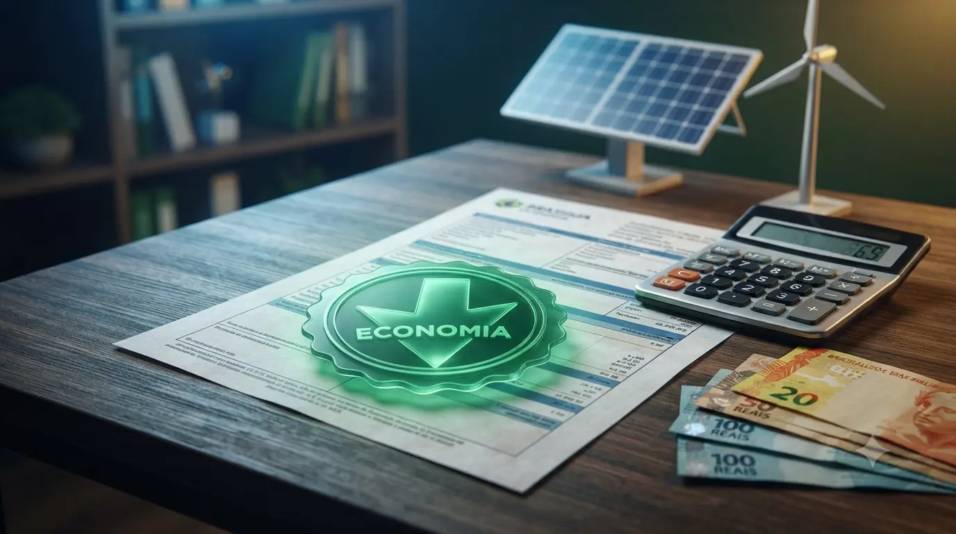 Conta de luz com selo de desconto representando como conseguir desconto na conta de luz em 2026 por meio da energia por assinatura.