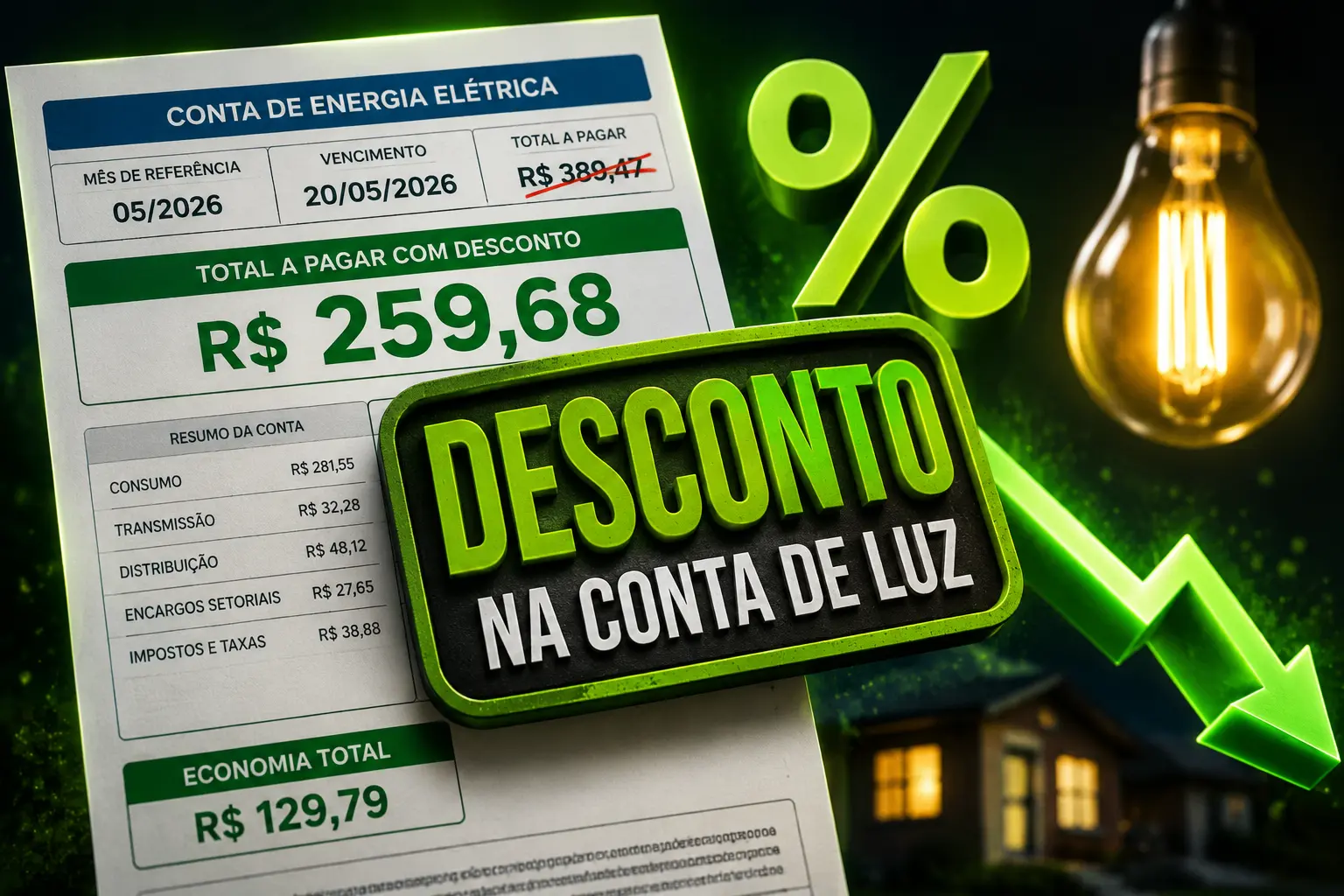 Energia por assinatura no Brasil: vale a pena em 2026? Conta de luz com destaque para desconto representando a energia por assinatura no Brasil em 2026.