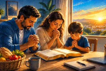 Oração por Prosperidade e Provisão de Deus Família reunida em oração diante de uma Bíblia aberta, representando a provisão, prosperidade e cuidado de Deus.