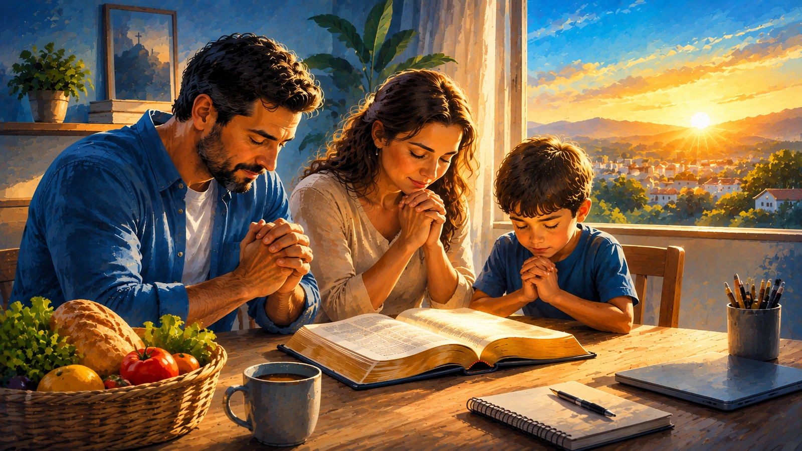 Oração por Prosperidade e Provisão de Deus Família reunida em oração diante de uma Bíblia aberta, representando a provisão, prosperidade e cuidado de Deus.